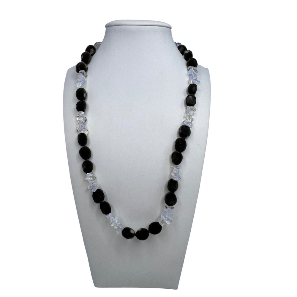 Handmade Black Velvet Opalite Beaded Necklace‎ Boho Festival Y2K Art to Wear